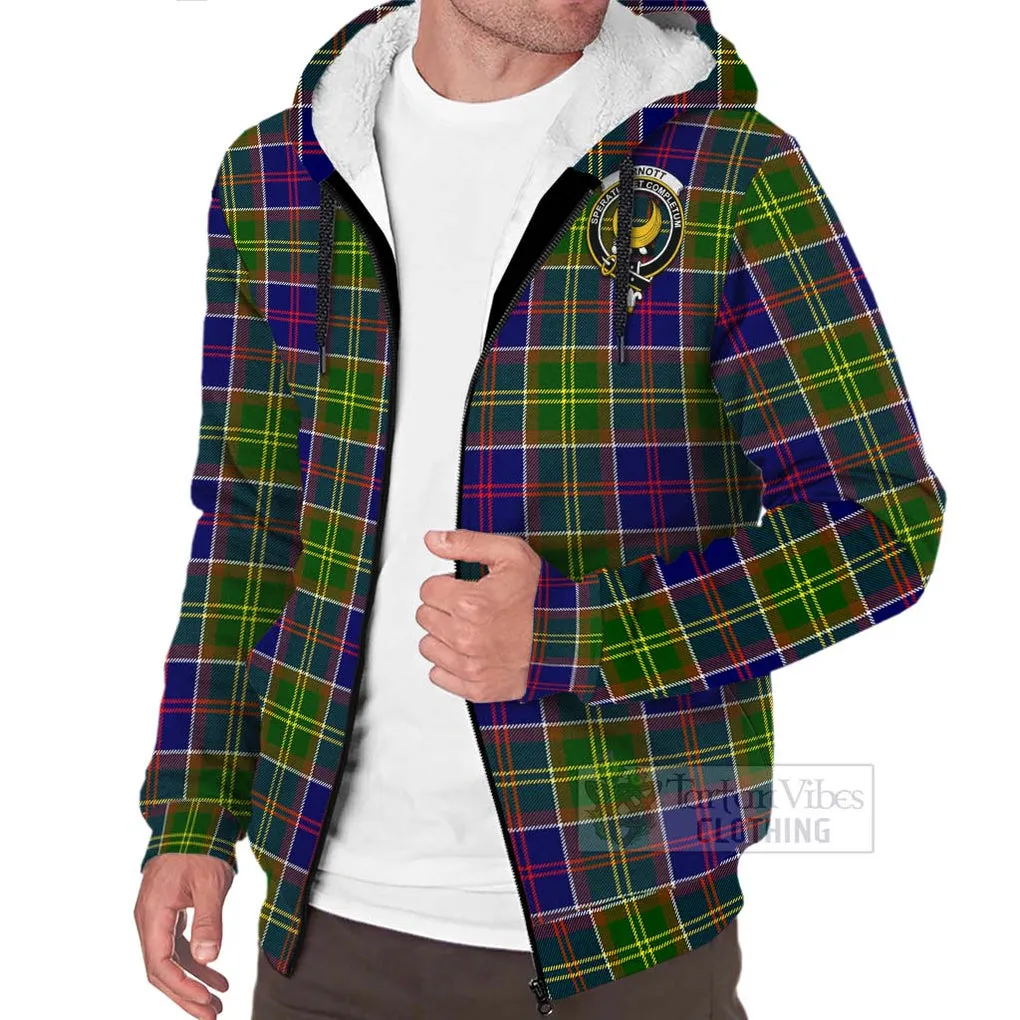 Arnott Tartan Sherpa Hoodie with Family Crest and Bearded Skull Holding Bottles of Whiskey