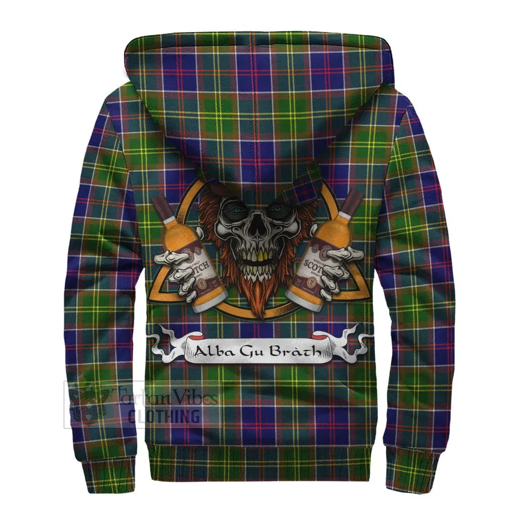 Arnott Tartan Sherpa Hoodie with Family Crest and Bearded Skull Holding Bottles of Whiskey