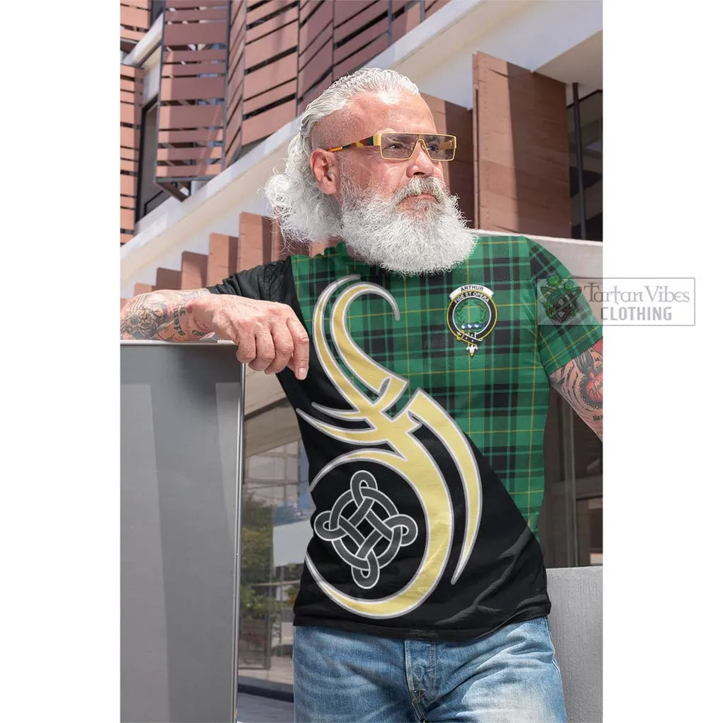 Arthur Ancient Tartan Cotton T-shirt with Family Crest and Celtic Symbol Style