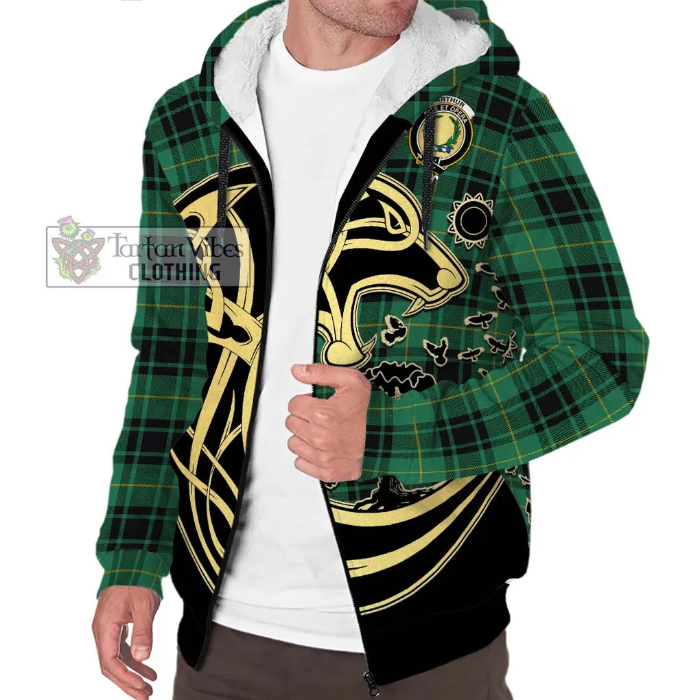 Arthur Ancient Tartan Sherpa Hoodie with Family Crest Celtic Wolf Style