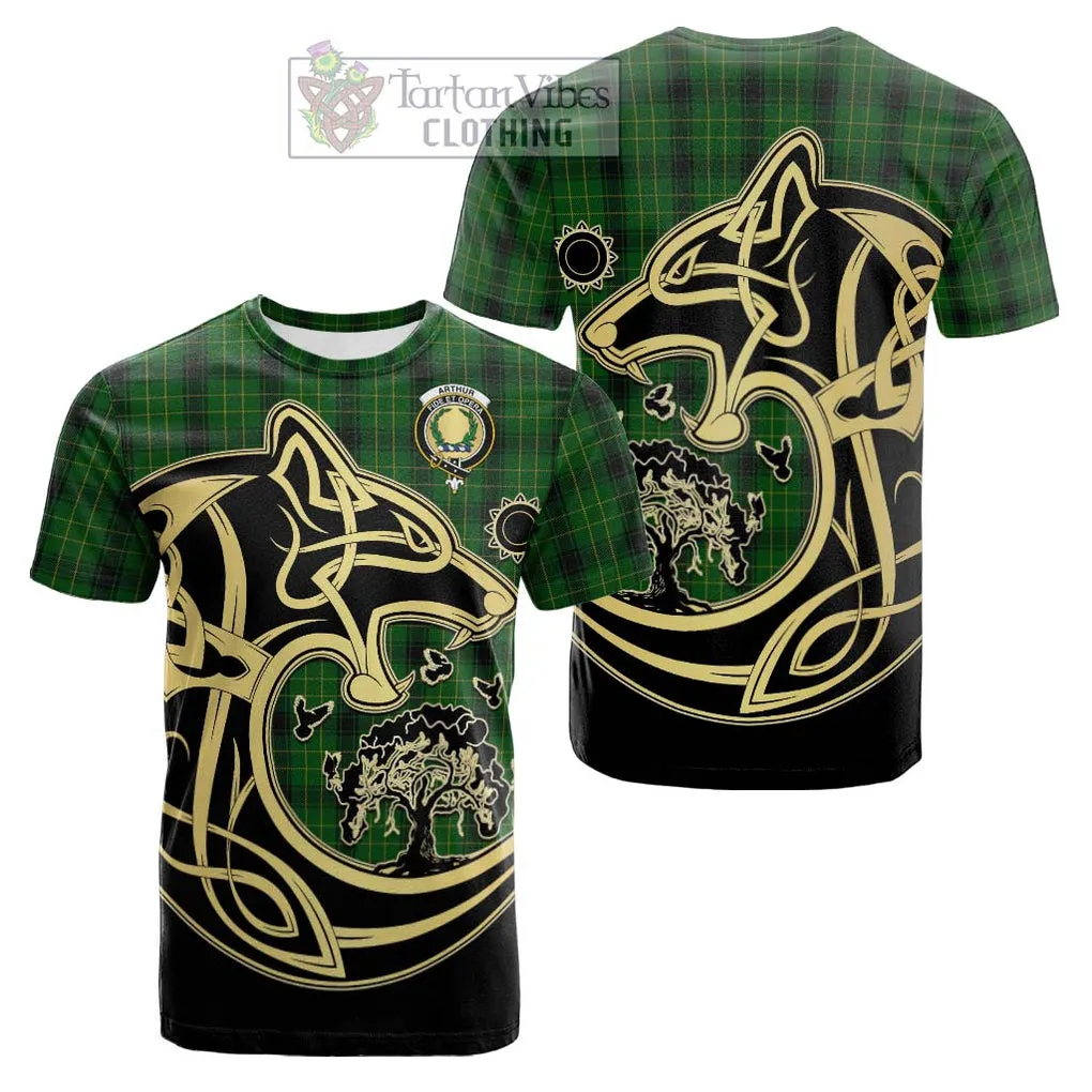 Arthur Highland Tartan Cotton T-shirt with Family Crest Celtic Wolf Style