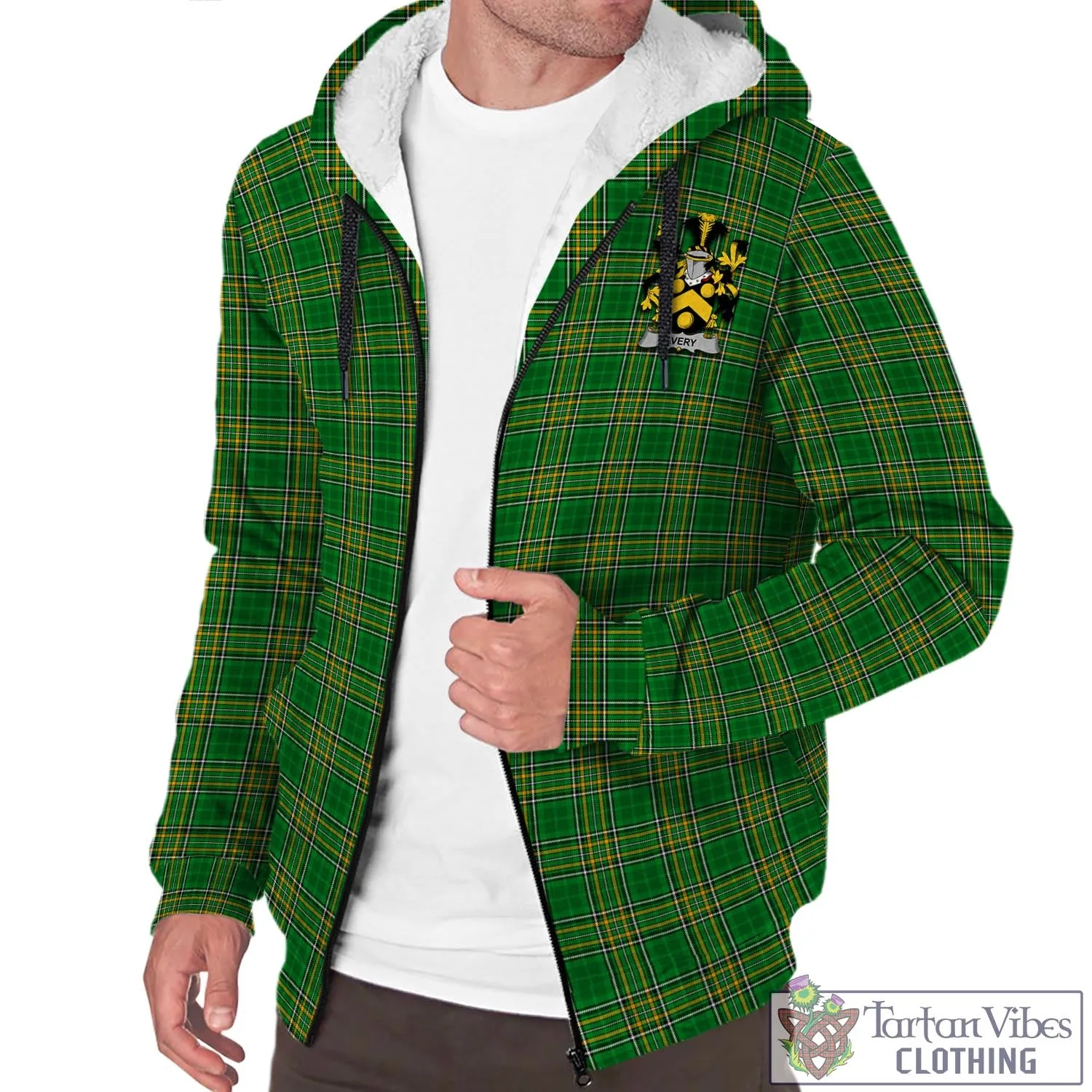 Avery Irish Clan Tartan Sherpa Hoodie with Coat of Arms