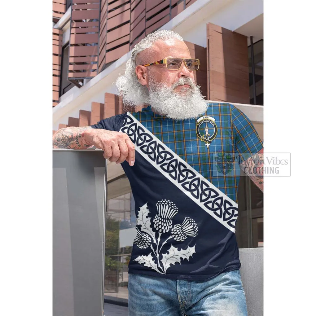 Bain Tartan Cotton T-shirt Featuring Thistle and Scotland Map