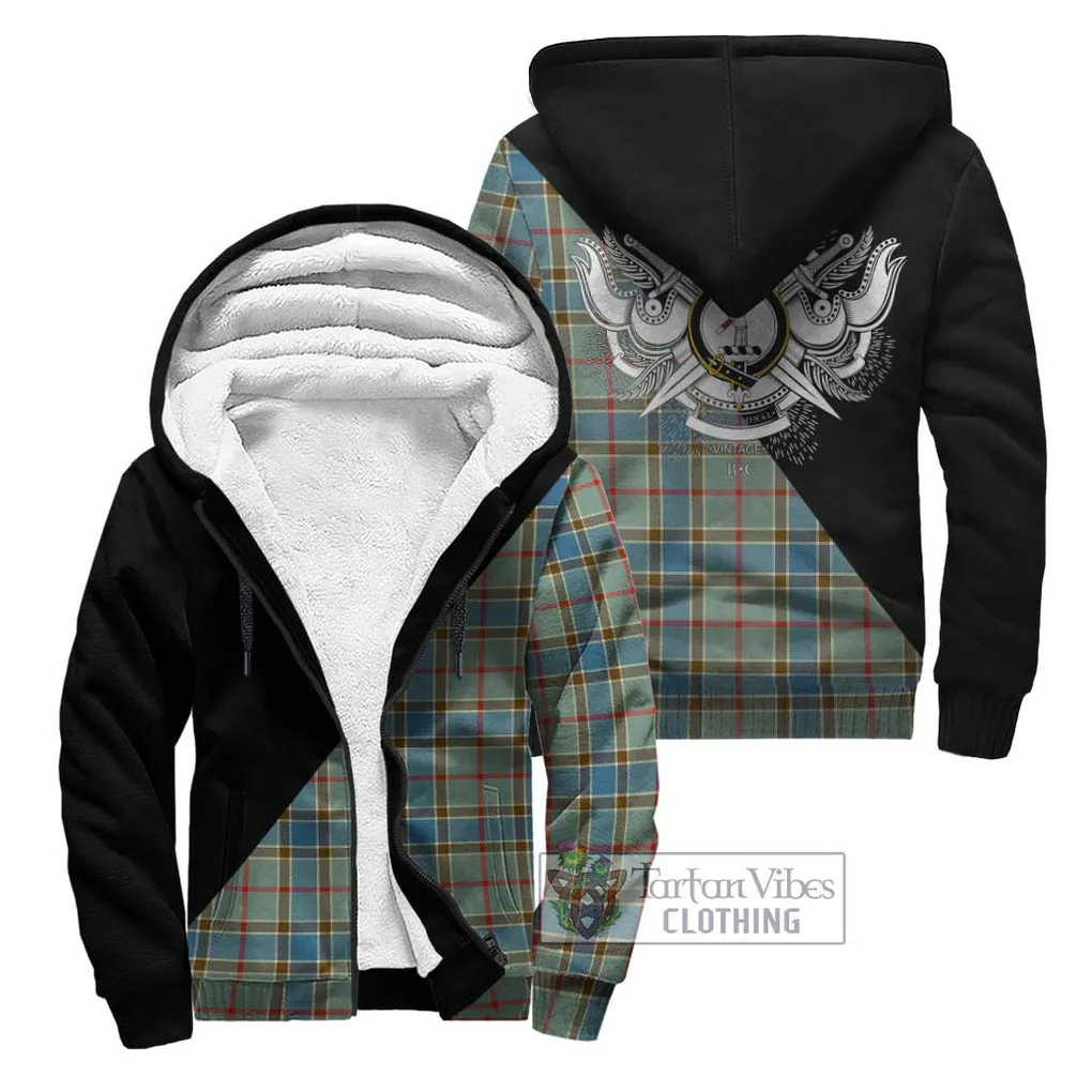 Balfour Blue Tartan Sherpa Hoodie with Family Crest and Military Logo Style