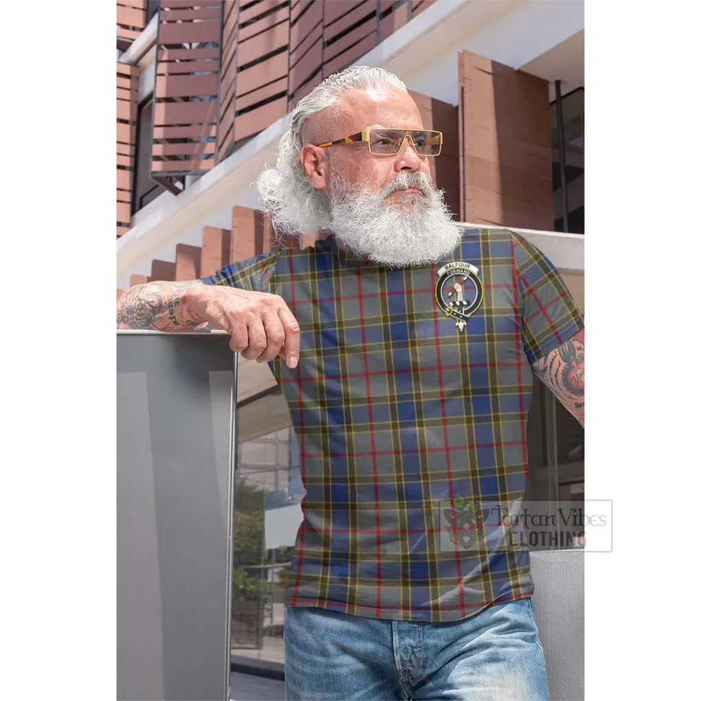 Balfour Tartan Cotton T-shirt with Family Crest and Bearded Skull Holding Bottles of Whiskey