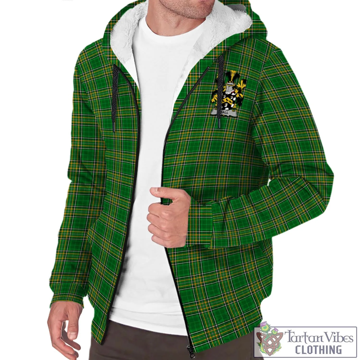 Ball Irish Clan Tartan Sherpa Hoodie with Coat of Arms