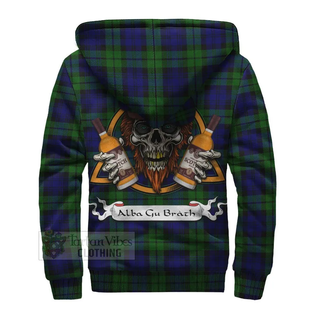 Bannatyne Tartan Sherpa Hoodie with Family Crest and Bearded Skull Holding Bottles of Whiskey