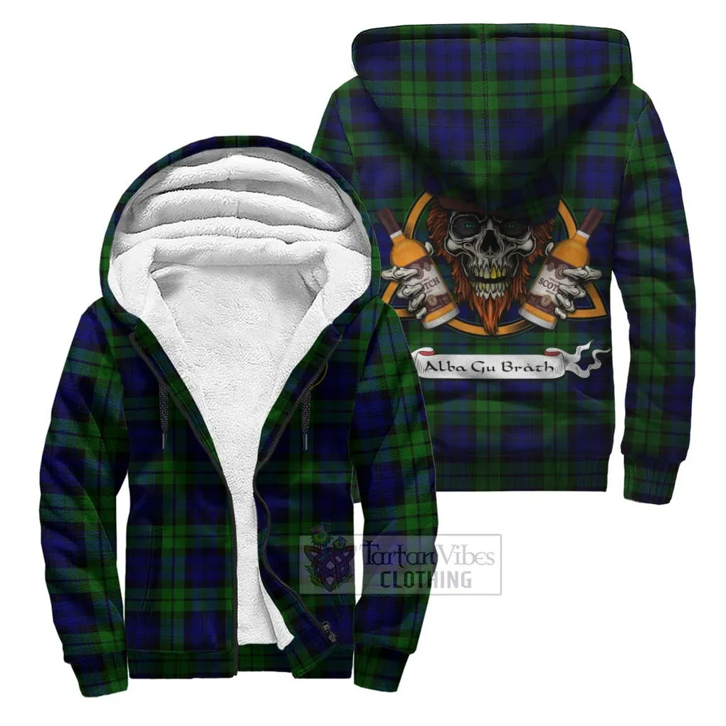 Bannatyne Tartan Sherpa Hoodie with Family Crest and Bearded Skull Holding Bottles of Whiskey