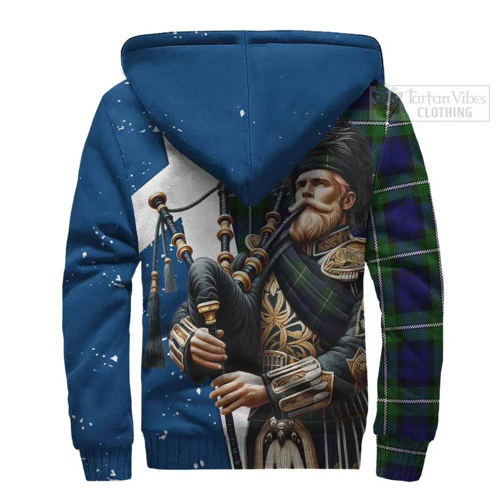 Bannerman Tartan Sherpa Hoodie with Family Crest Scottish Bagpiper Vibes