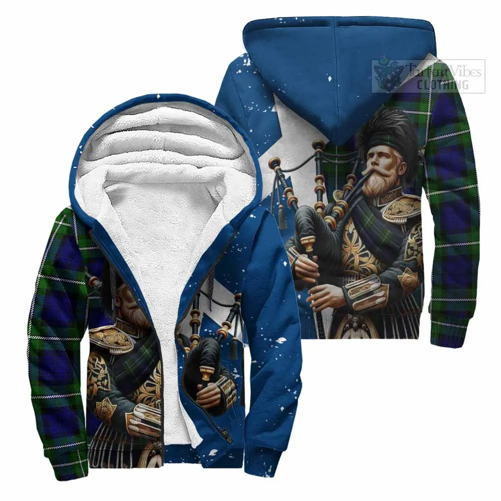 Bannerman Tartan Sherpa Hoodie with Family Crest Scottish Bagpiper Vibes