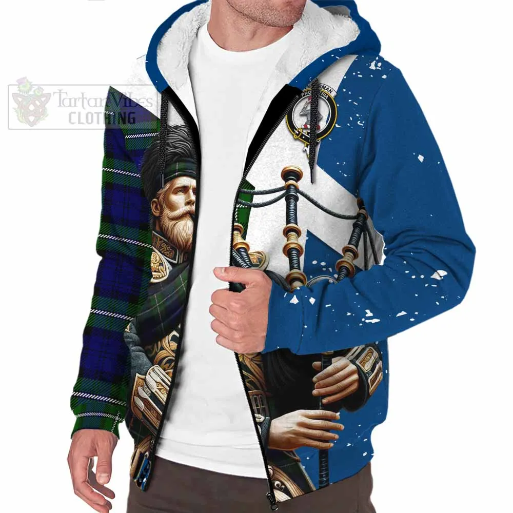 Bannerman Tartan Sherpa Hoodie with Family Crest Scottish Bagpiper Vibes