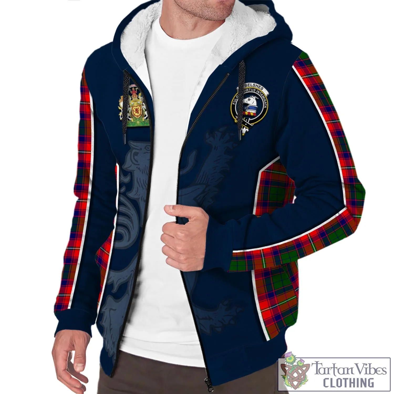 Belshes Tartan Sherpa Hoodie with Family Crest and Lion Rampant Vibes Sport Style