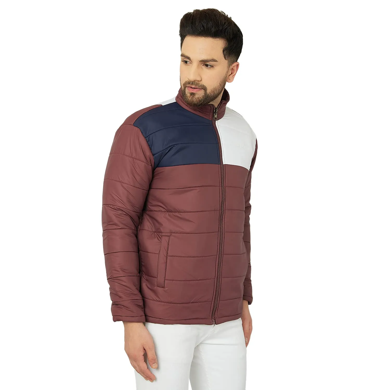 Ben Martin Men's Regular Fit Quilted Nylon Casual Jacket, Navy-White-Maroon Medium