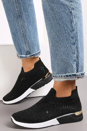 BLACK DIAMANTE DETAIL SLIP ON TRAINERS SHOES