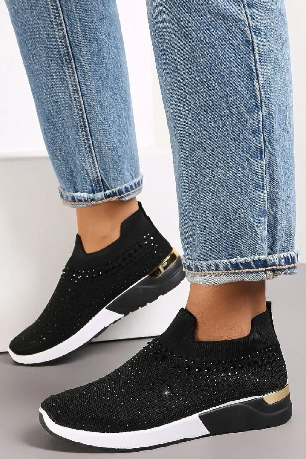 BLACK DIAMANTE DETAIL SLIP ON TRAINERS SHOES