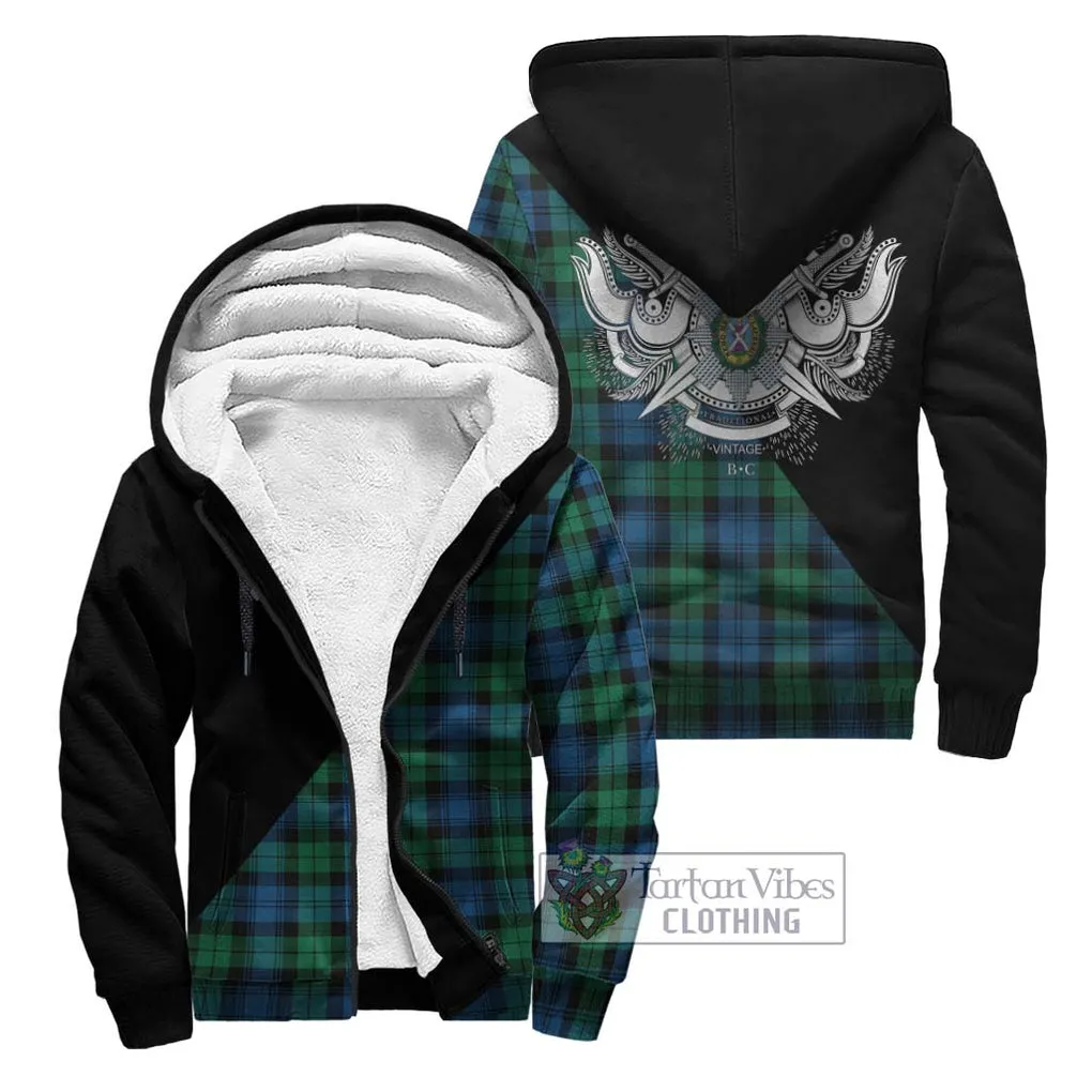 Black Watch Ancient Tartan Sherpa Hoodie with Family Crest and Military Logo Style