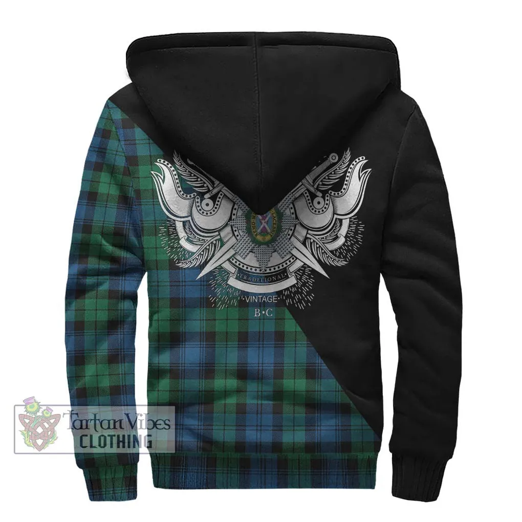 Black Watch Ancient Tartan Sherpa Hoodie with Family Crest and Military Logo Style