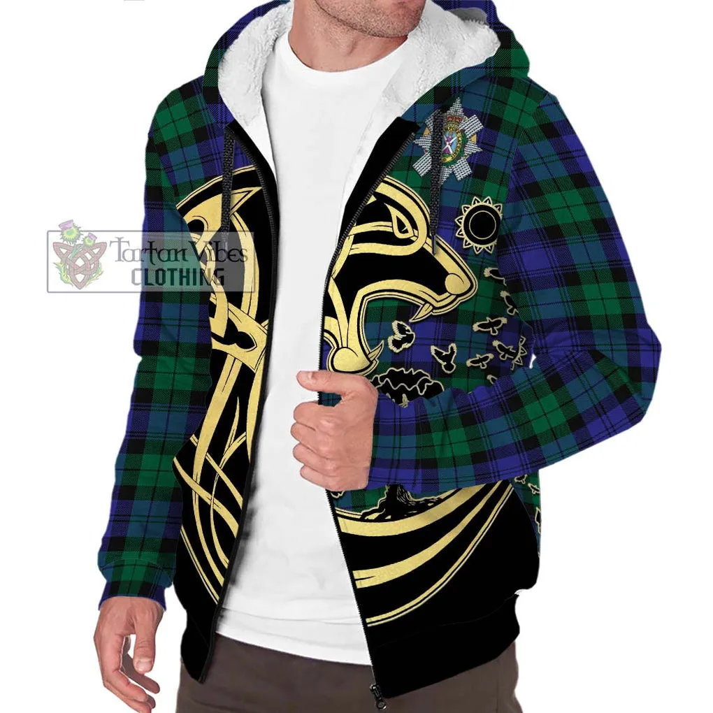 Black Watch Modern Tartan Sherpa Hoodie with Family Crest Celtic Wolf Style