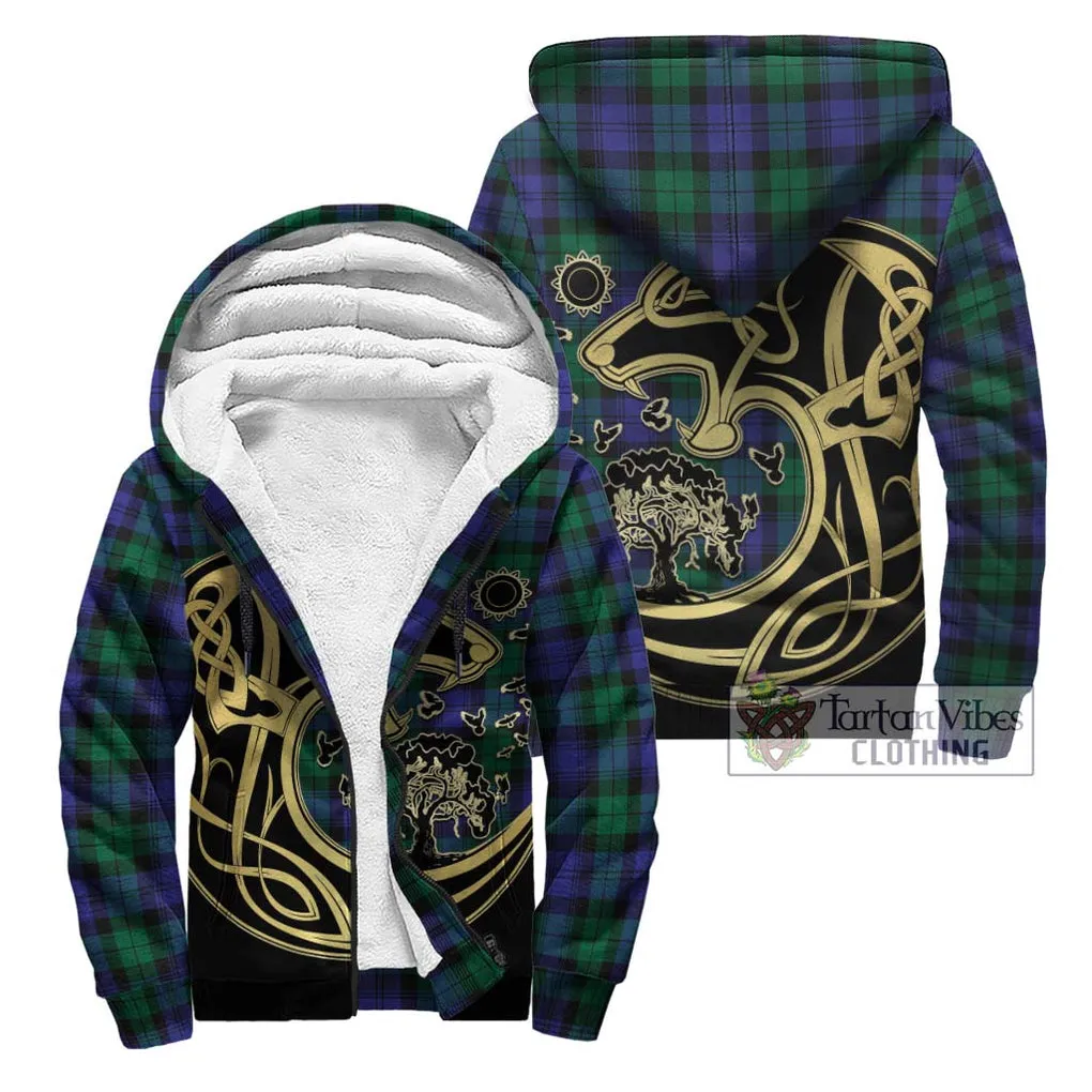 Black Watch Modern Tartan Sherpa Hoodie with Family Crest Celtic Wolf Style