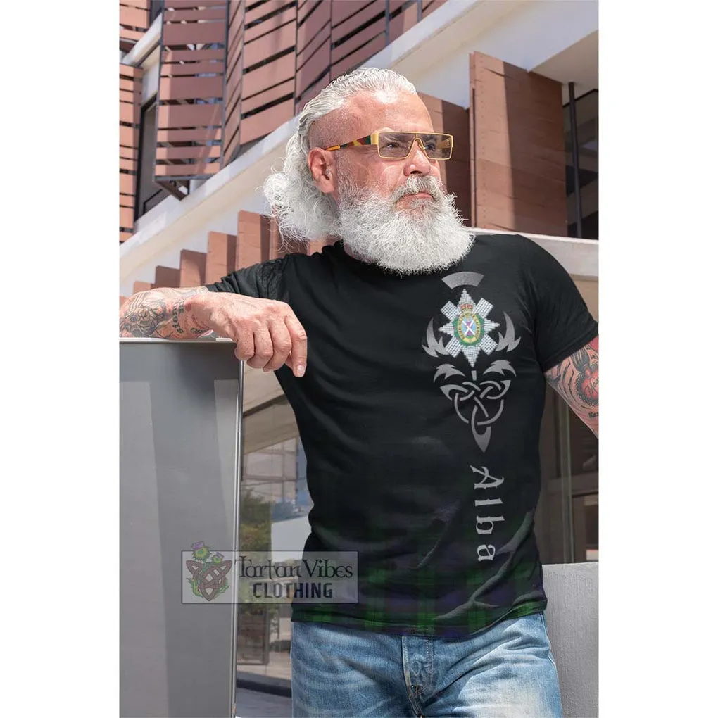 Black Watch Tartan Cotton T-shirt Featuring Alba Gu Brath Family Crest Celtic Inspired