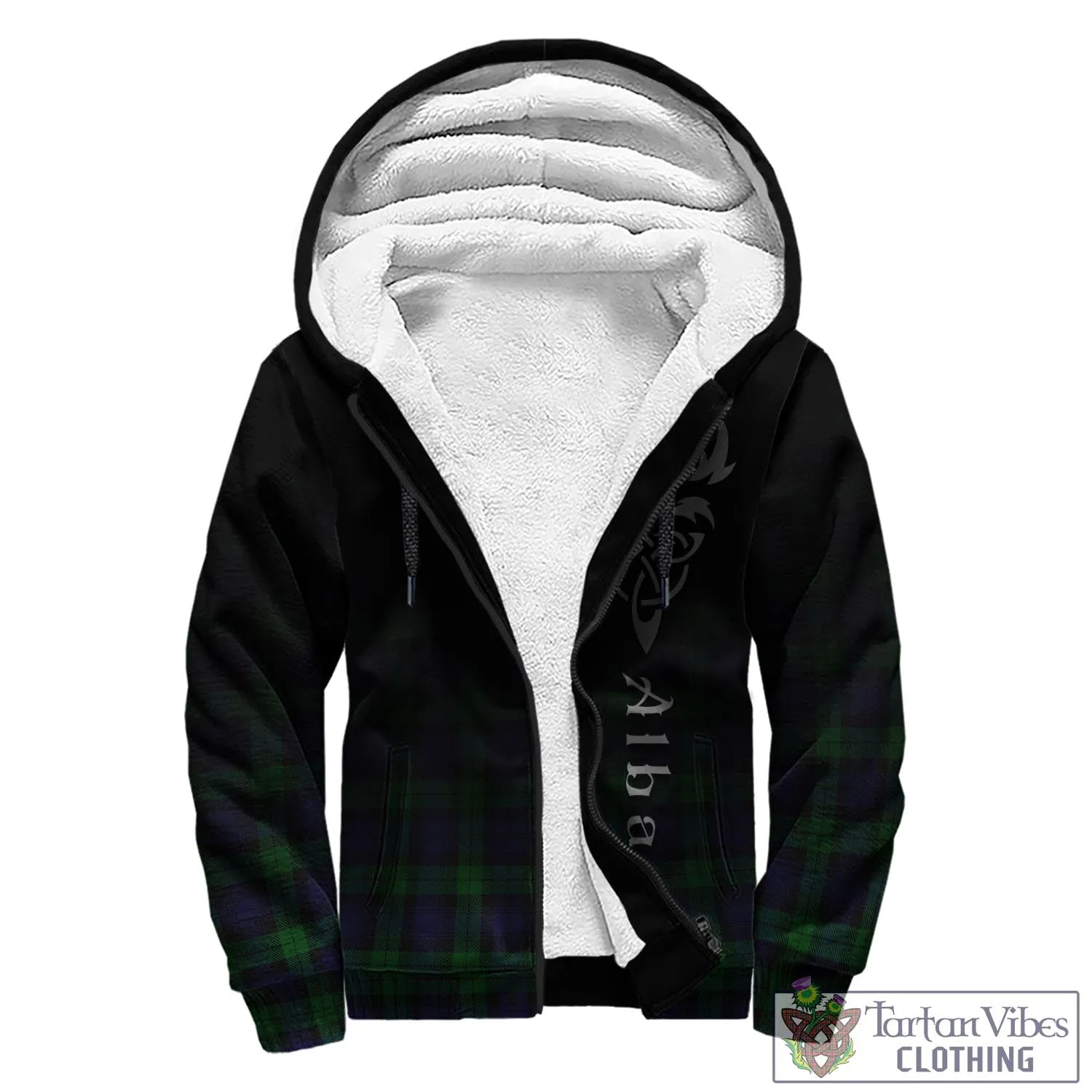 Black Watch Tartan Sherpa Hoodie Featuring Alba Gu Brath Family Crest Celtic Inspired