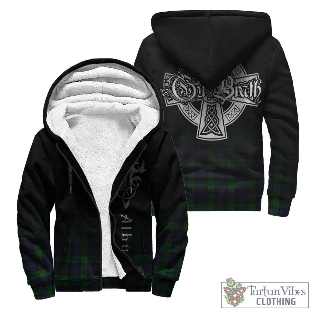 Black Watch Tartan Sherpa Hoodie Featuring Alba Gu Brath Family Crest Celtic Inspired