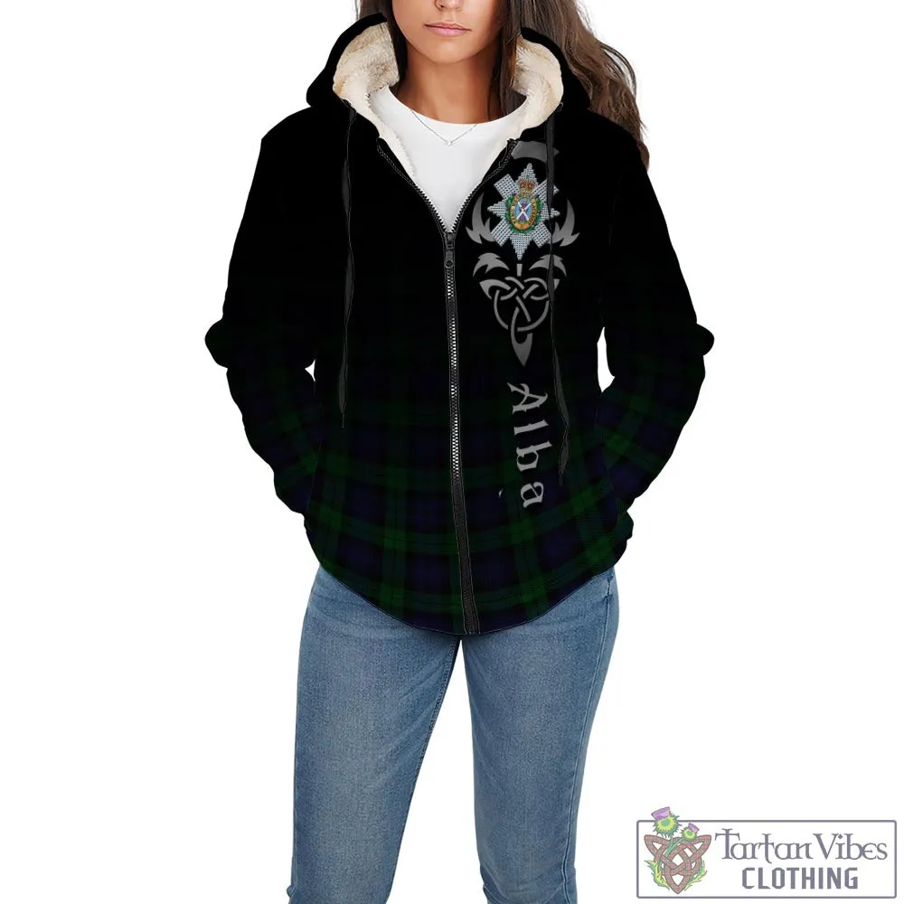 Black Watch Tartan Sherpa Hoodie Featuring Alba Gu Brath Family Crest Celtic Inspired