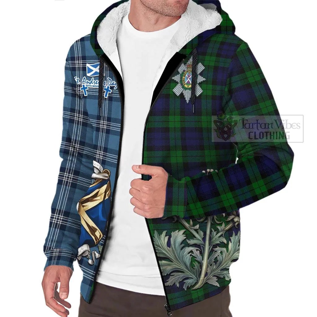 Black Watch Tartan Sherpa Hoodie Happy St. Andrew's Day Half Tartan Style