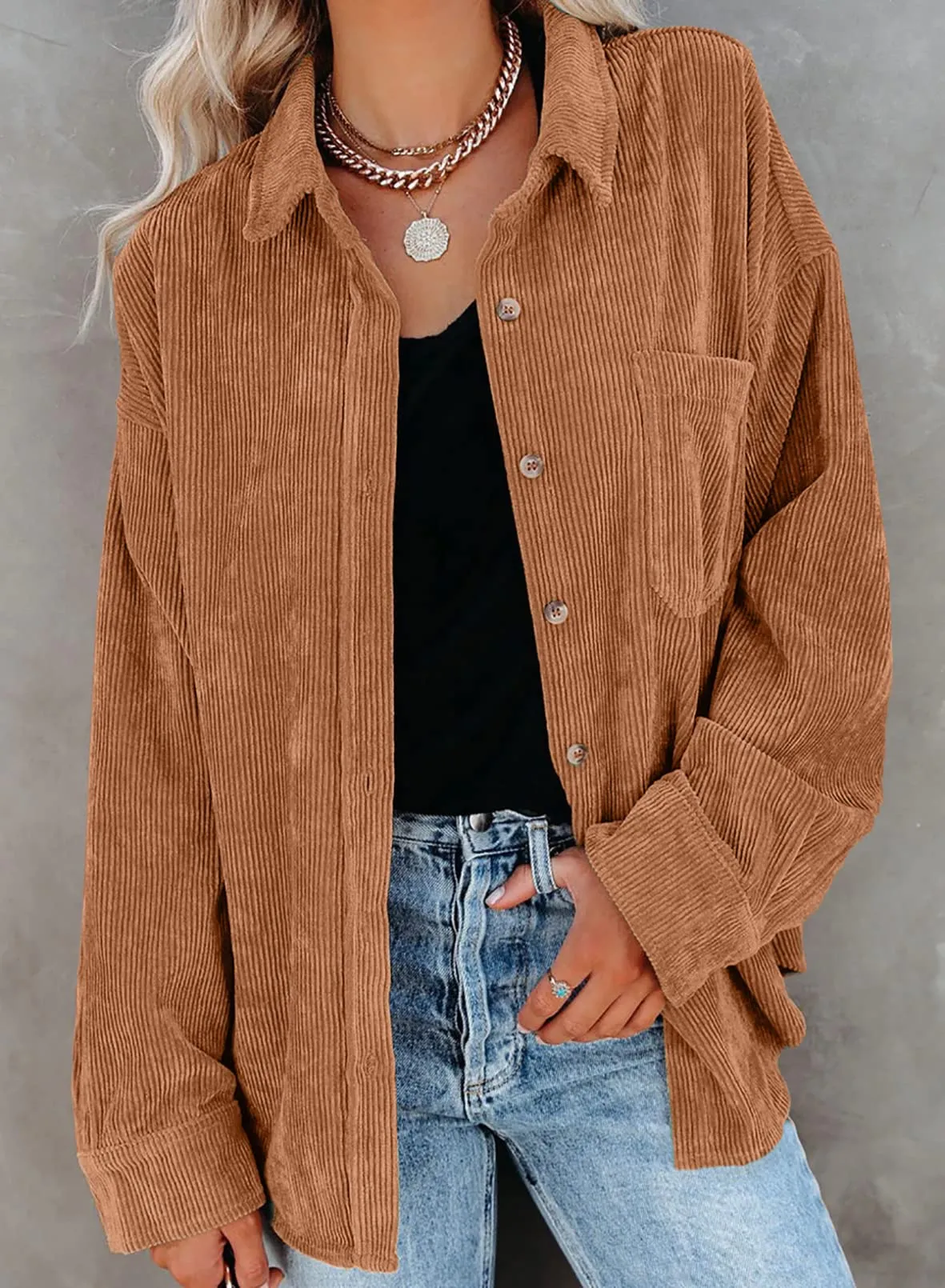 Black Womens Corduroy Button Down Shirts Boyfriend Long Sleeve Oversized Blouses Tops - Dokotoo