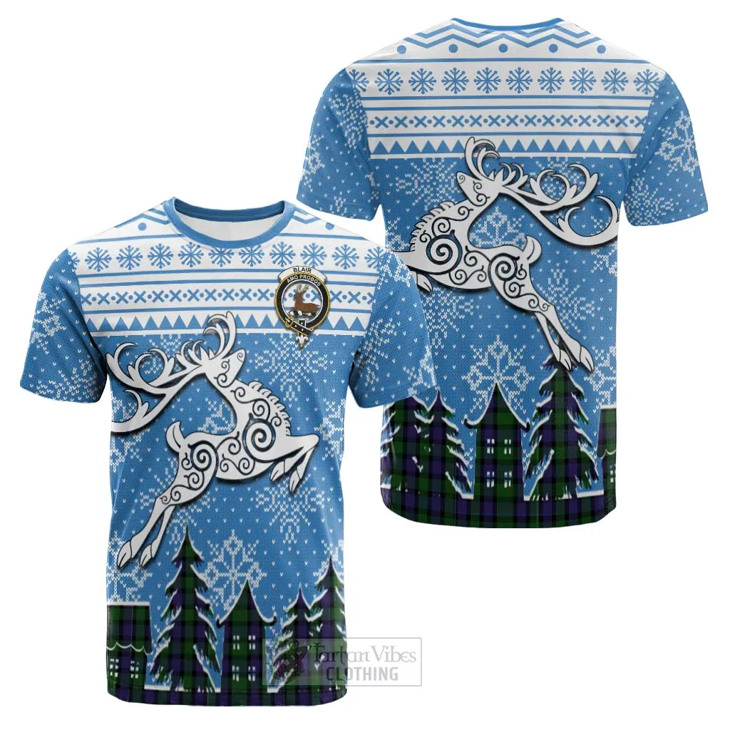 Blair Clan Christmas Cotton T-shirt Celtic Reindeer Style