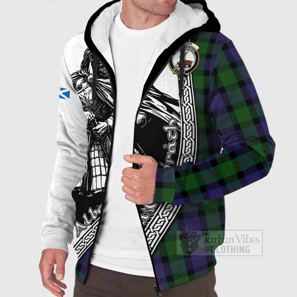 Blair Tartan Clan Crest Sherpa Hoodie with Highlander Warrior Celtic Style