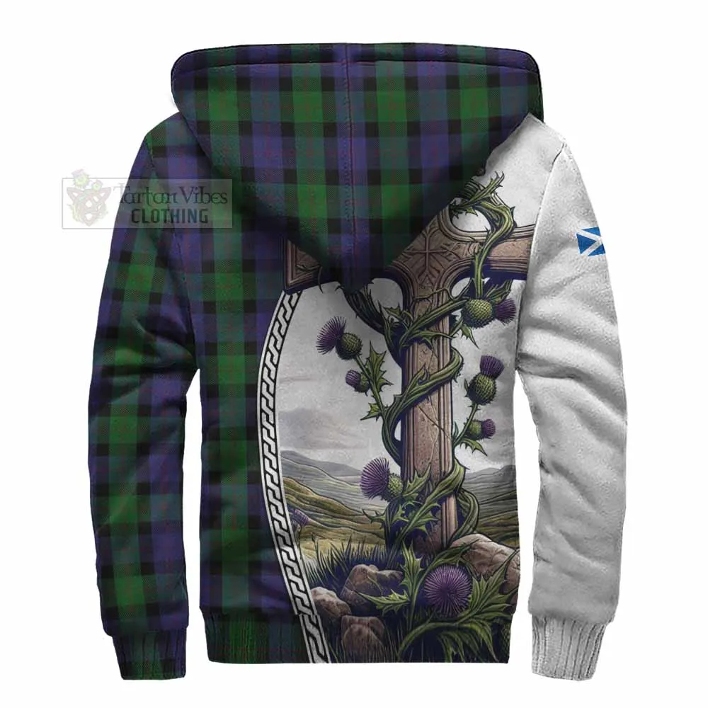 Blair Tartan Sherpa Hoodie with Family Crest and St. Andrew's Cross Accented by Thistle Vines