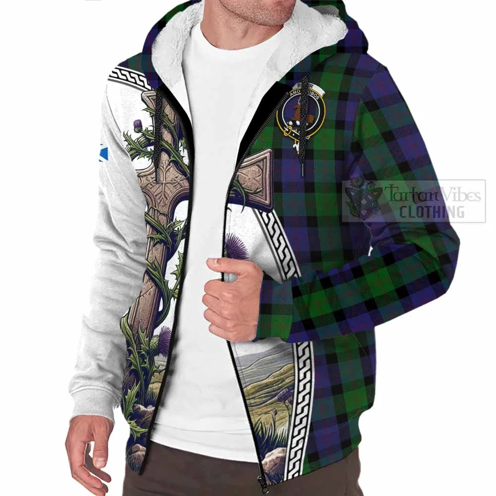 Blair Tartan Sherpa Hoodie with Family Crest and St. Andrew's Cross Accented by Thistle Vines