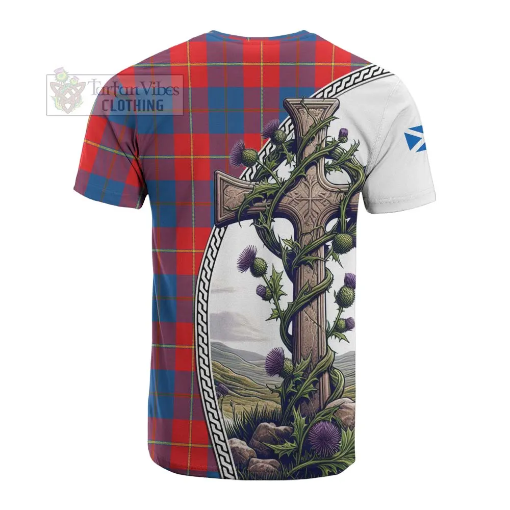 Blane Tartan Cotton T-shirt with Family Crest and St. Andrew's Cross Accented by Thistle Vines