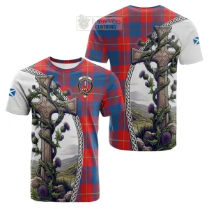 Blane Tartan Cotton T-shirt with Family Crest and St. Andrew's Cross Accented by Thistle Vines