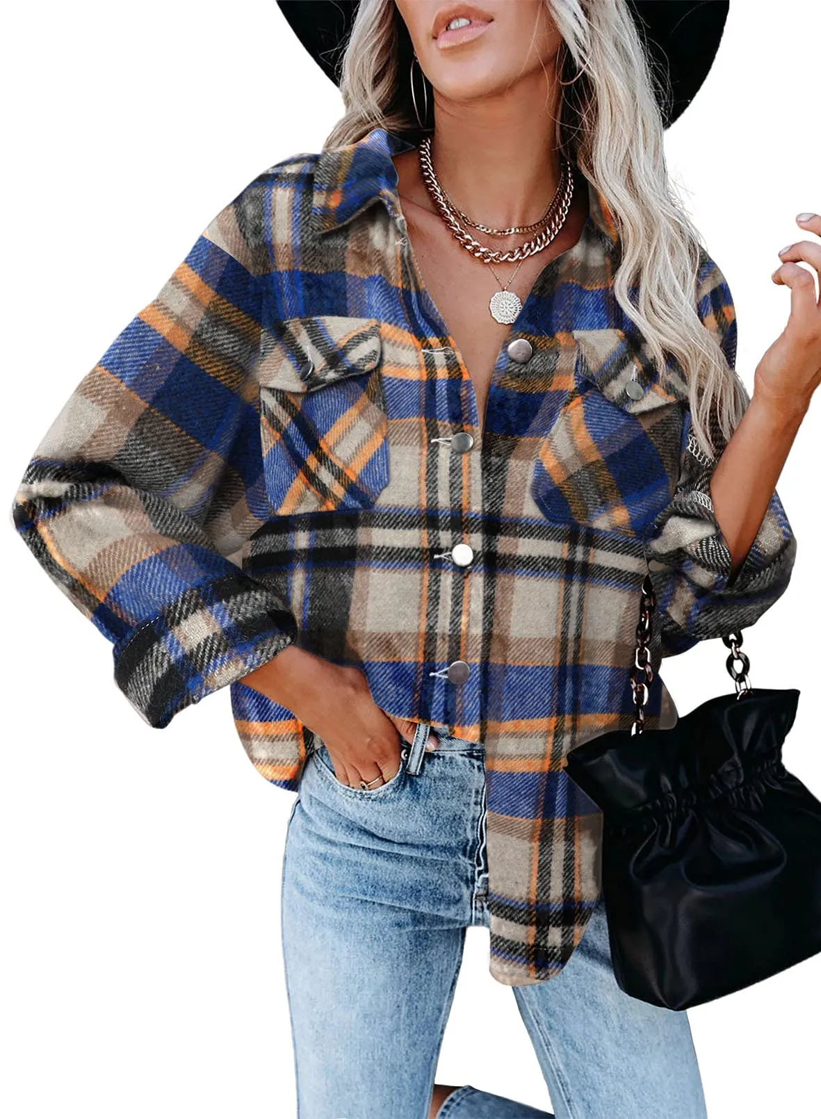 Blue Womens Corduroy Button Down Shirts Boyfriend Long Sleeve Oversized Blouses Tops - Dokotoo