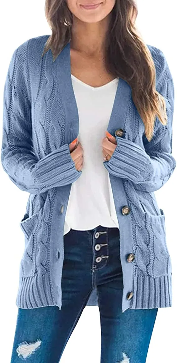 Blue Women's Long Sleeve Cable Knit Sweater Open Front Cardigan Button Loose Outerwear - MEROKEETY