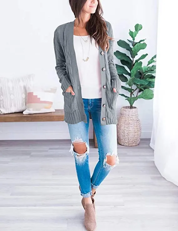 Blue Women's Long Sleeve Cable Knit Sweater Open Front Cardigan Button Loose Outerwear - MEROKEETY