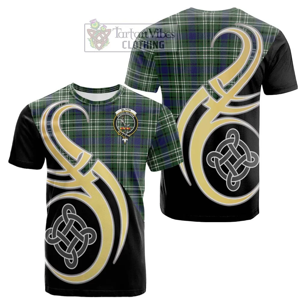 Blyth Tartan Cotton T-shirt with Family Crest and Celtic Symbol Style