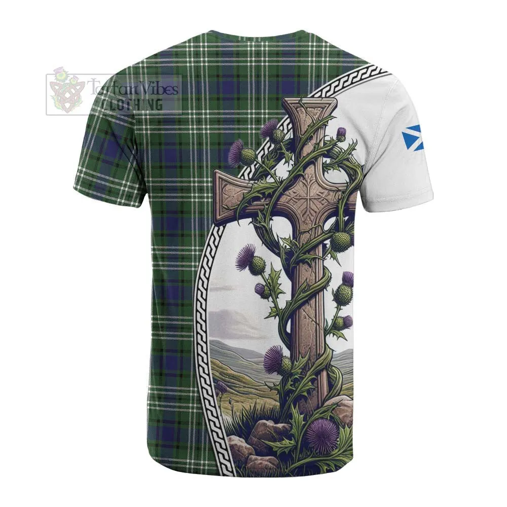 Blyth Tartan Cotton T-shirt with Family Crest and St. Andrew's Cross Accented by Thistle Vines