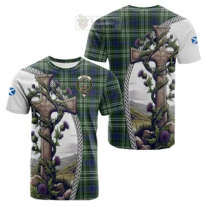 Blyth Tartan Cotton T-shirt with Family Crest and St. Andrew's Cross Accented by Thistle Vines