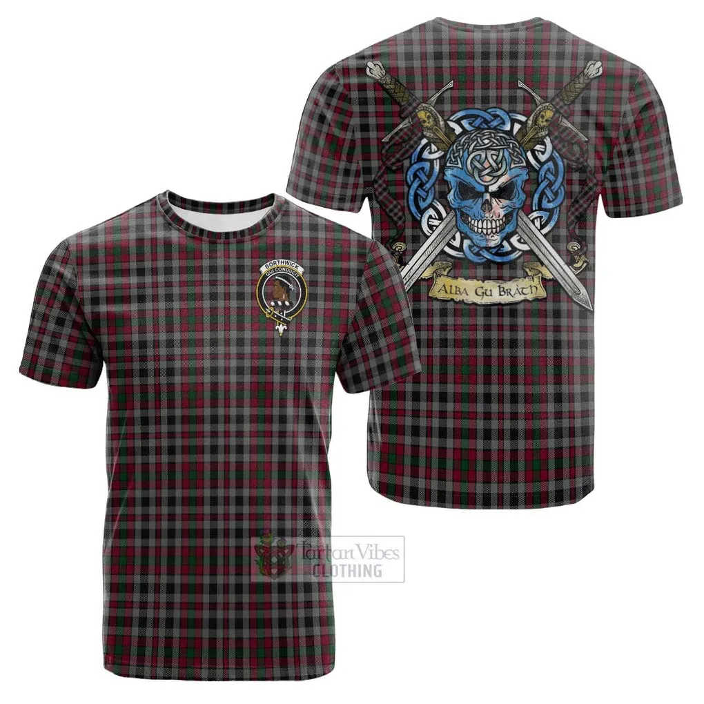 Borthwick Tartan Cotton T-shirt with Family Crest Celtic Skull Style