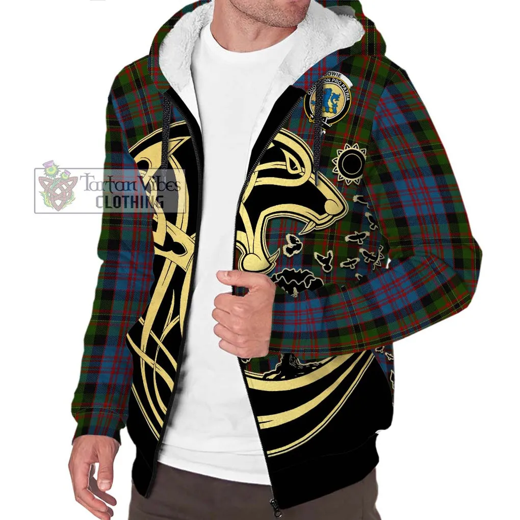 Bowie Tartan Sherpa Hoodie with Family Crest Celtic Wolf Style