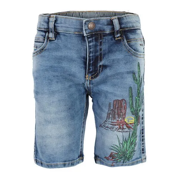 BOYS DENIM BLUE PRINTED SHORTS