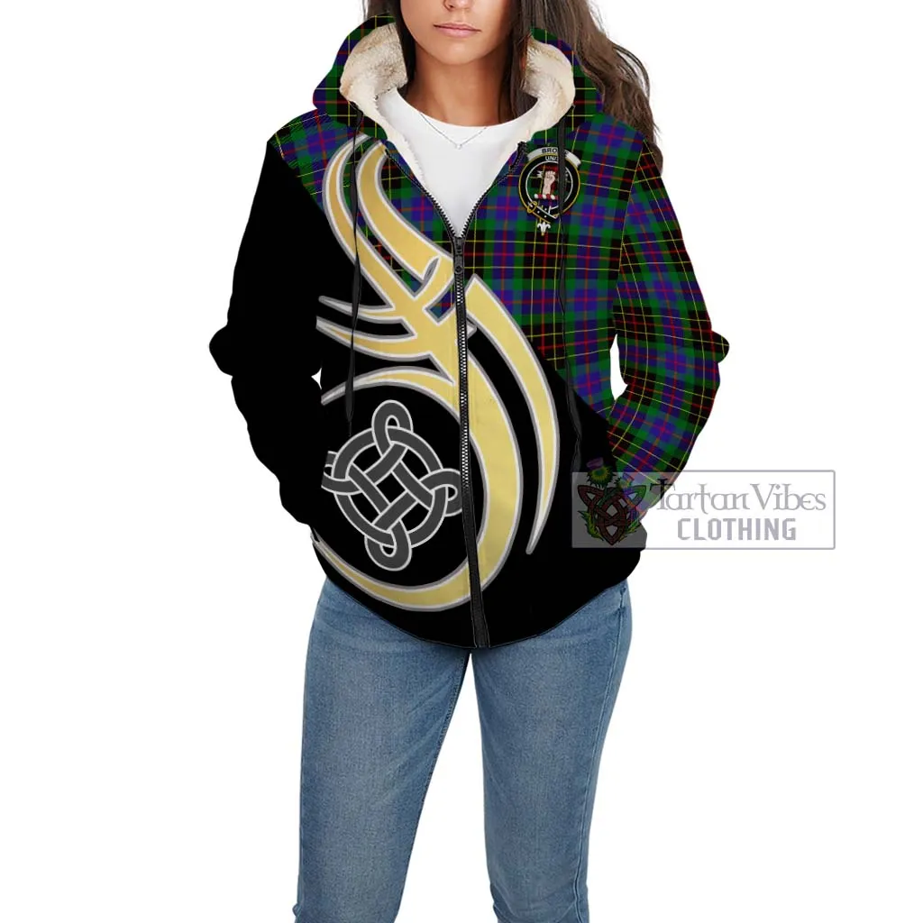 Brodie Hunting Modern Tartan Sherpa Hoodie with Family Crest and Celtic Symbol Style