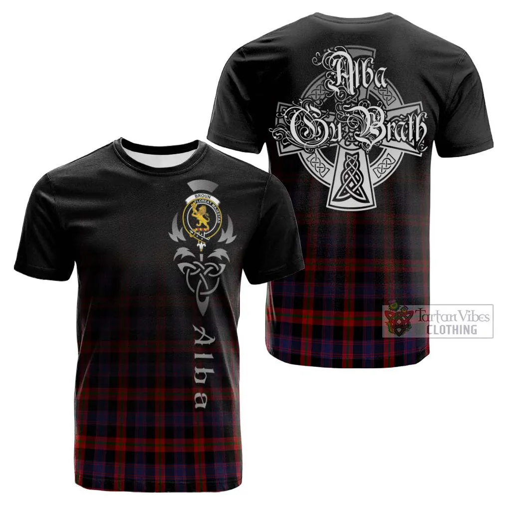 Broun Modern Tartan Cotton T-shirt Featuring Alba Gu Brath Family Crest Celtic Inspired