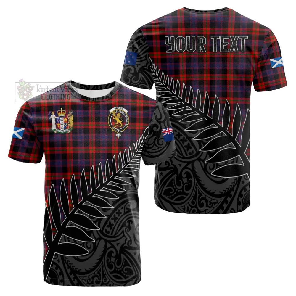 Brown (Broun) Crest Tartan Cotton T-shirt with New Zealand Silver Fern Half Style