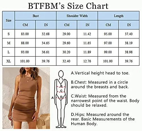 BTFBM Women Sleeveless Bodycon Ruched Short Dress Side Drawstring Solid Crew Neck Casual Summer Tank Shirt Mini Dresses (Brown, Medium)