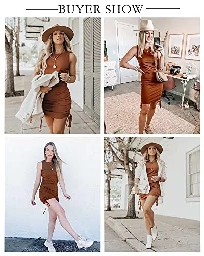 BTFBM Women Sleeveless Bodycon Ruched Short Dress Side Drawstring Solid Crew Neck Casual Summer Tank Shirt Mini Dresses (Brown, Medium)