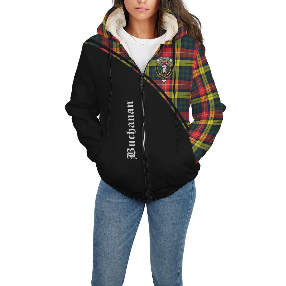 Buchanan Modern Tartan Sherpa Hoodie with Family Crest Curve Style